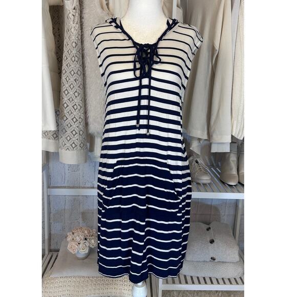 Dotti Women's Size M Navy Striped Nautical Hooded Swimsuit Cover Sundress #0157 - Picture 1 of 7